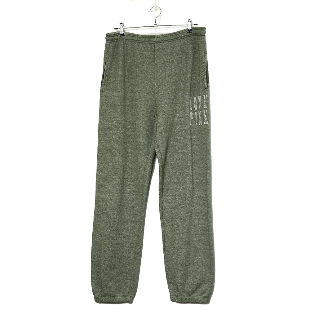 PINK Womens Sage Green Sweat Pants LOVE PINK Logo Elastic Waist 2 Pkt Size L
